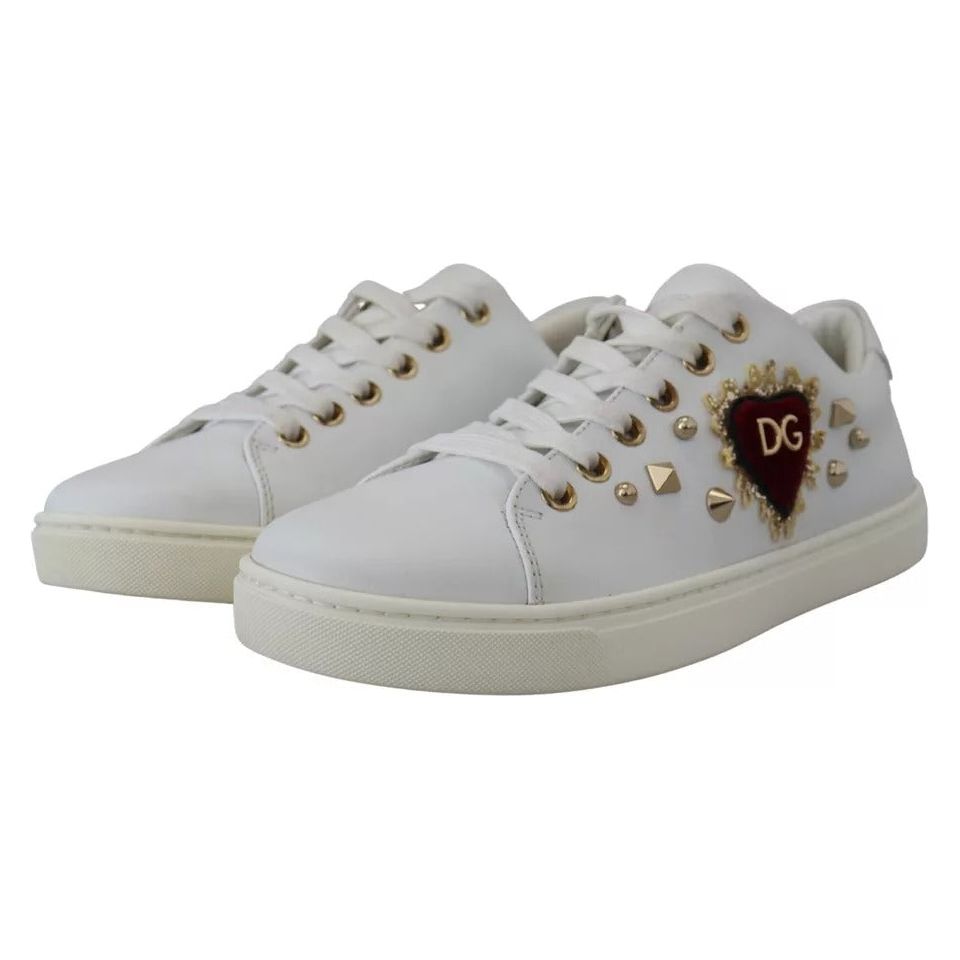 Dolce & Gabbana White Leather Gold Red Heart Sneakers Shoes