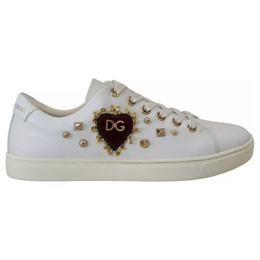 Dolce & Gabbana White Leather Gold Red Heart Sneakers Shoes LA10012-35