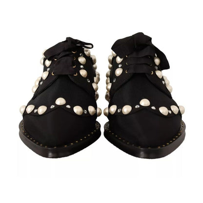 Dolce & Gabbana Black Lace Up Jewelled Formal Flats Shoes