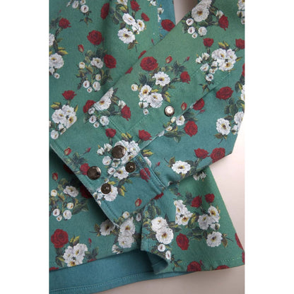 Dolce & Gabbana Blue Floral Cotton Button Down Denim Shirt Dolce & Gabbana