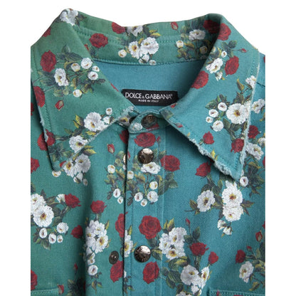Dolce & Gabbana Blue Floral Cotton Button Down Denim Shirt Dolce & Gabbana