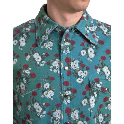 Dolce & Gabbana Blue Floral Cotton Button Down Denim Shirt Dolce & Gabbana