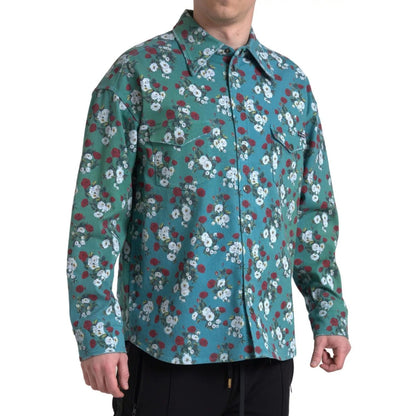 Dolce & Gabbana Blue Floral Cotton Button Down Denim Shirt Dolce & Gabbana
