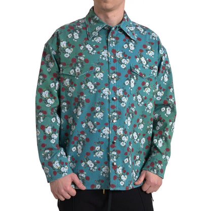 Dolce & Gabbana Blue Floral Cotton Button Down Denim Shirt Dolce & Gabbana