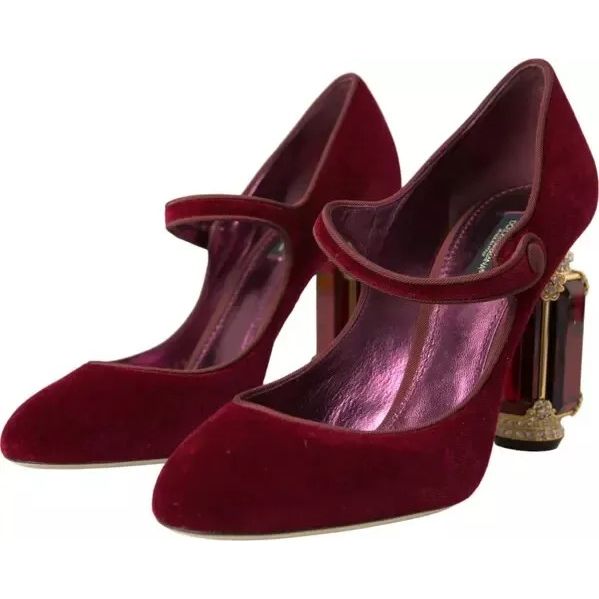 Dolce & Gabbana Red Velvet Gold Crystals Heels Mary Janes Shoes