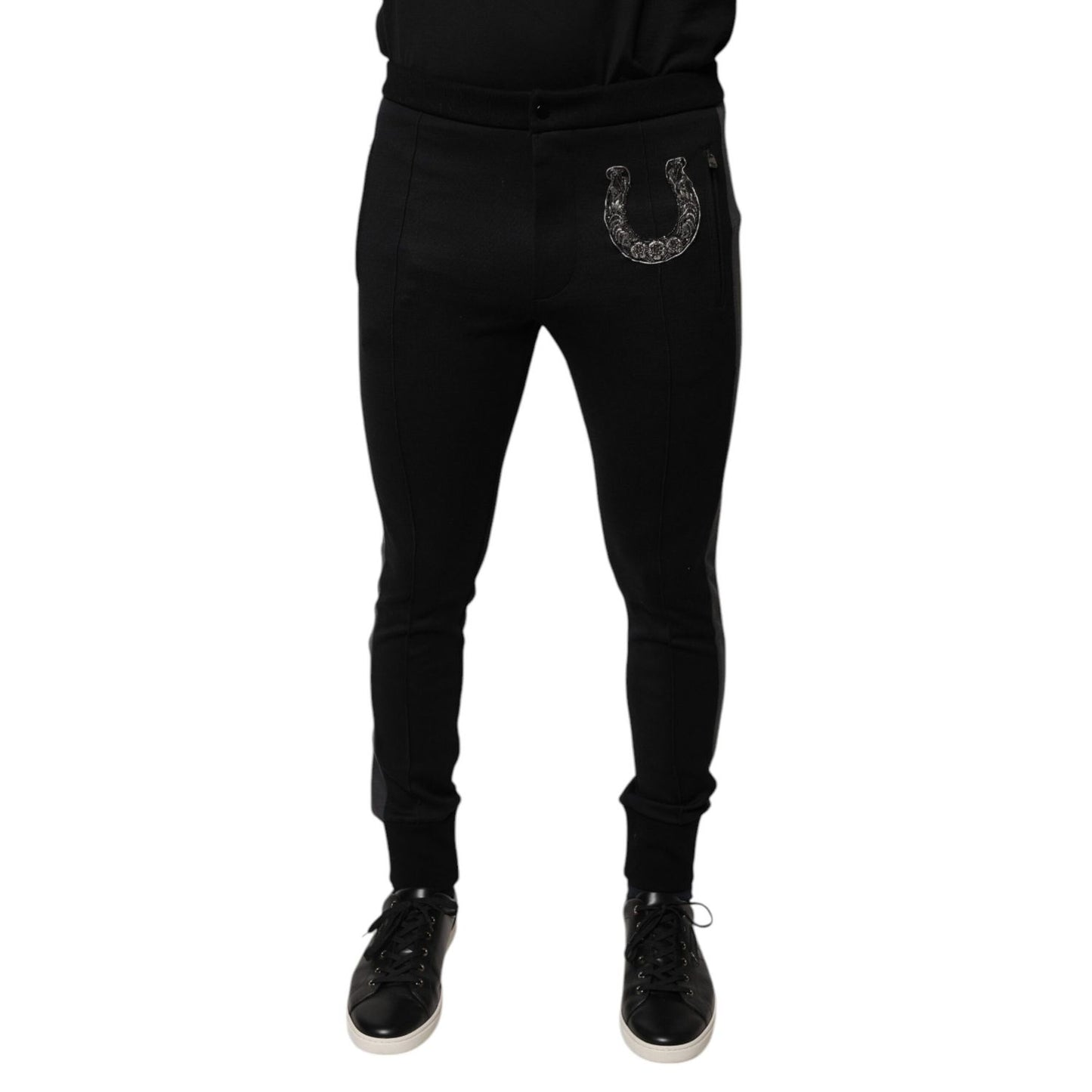 Dolce & Gabbana Black Horseshoe Embellished Wool Slim Fit Pants Dolce & Gabbana