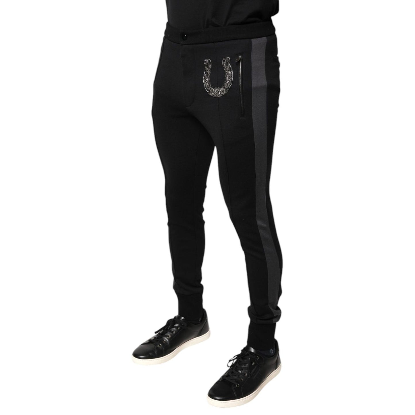 Dolce & Gabbana Black Horseshoe Embellished Wool Slim Fit Pants Dolce & Gabbana