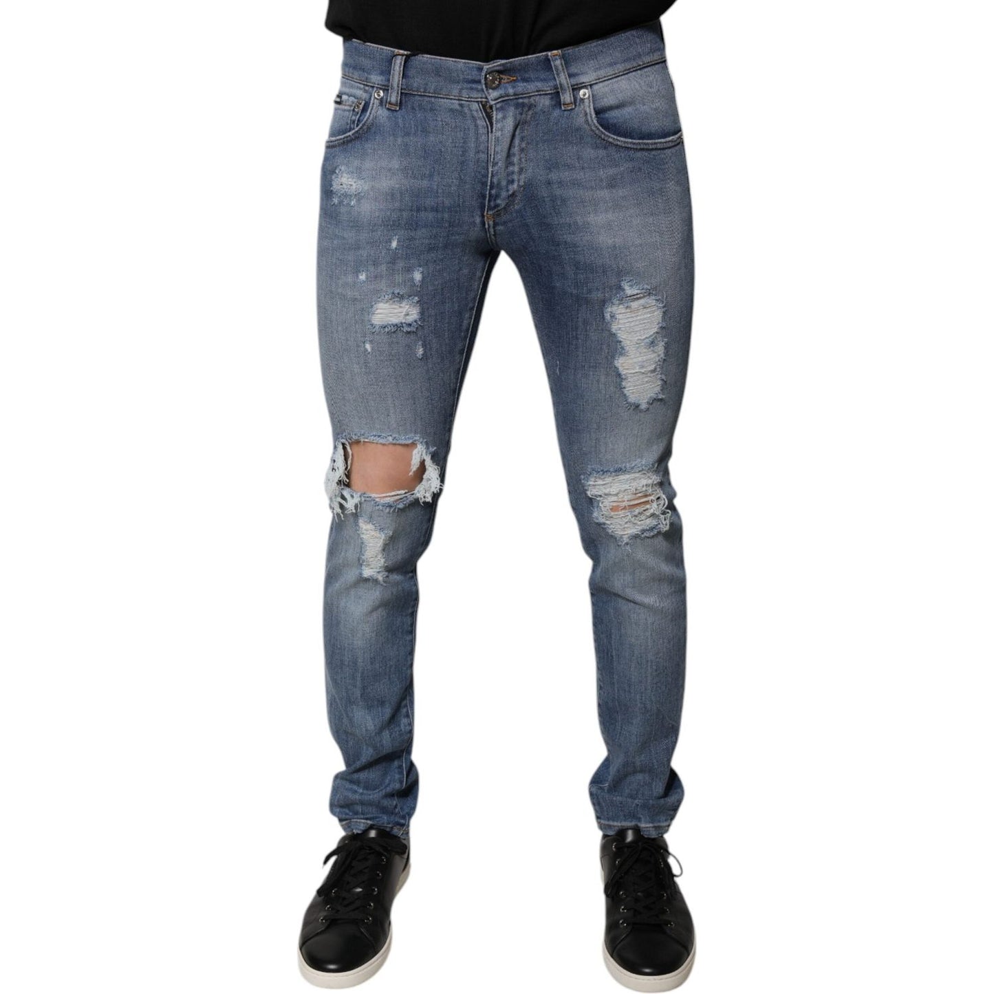 Dolce & Gabbana Blue Tattered Cotton Stretch Skinny Denim Jeans