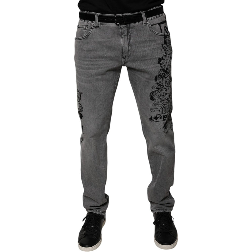 Dolce & Gabbana Gray Graphic Print Cotton Skinny Denim Jeans PAN75875-54