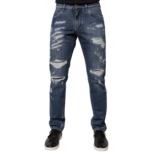 Dolce & Gabbana Blue Cotton Tattered Skinny Denim Jeans