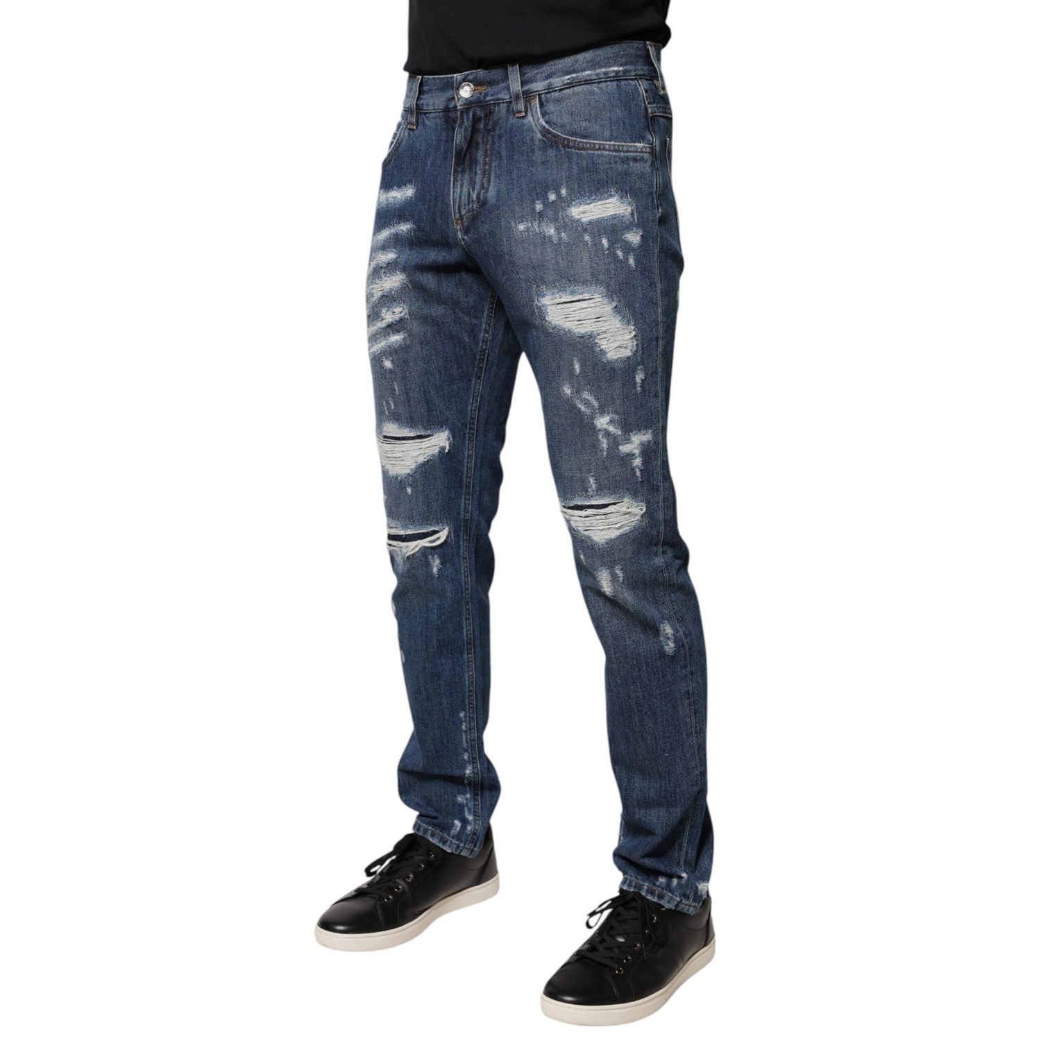 Dolce & Gabbana Blue Cotton Tattered Skinny Denim Jeans