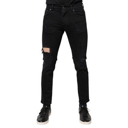 Dolce & Gabbana Black Cotton Tattered Skinny Denim Logo Jeans Dolce & Gabbana