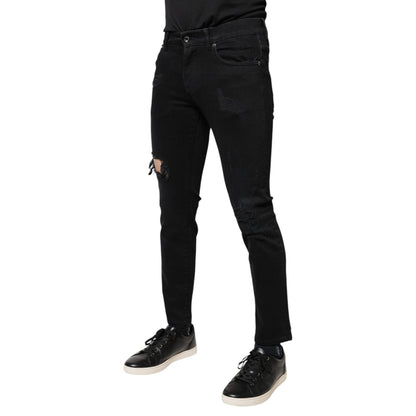 Dolce & Gabbana Black Cotton Tattered Skinny Denim Logo Jeans Dolce & Gabbana