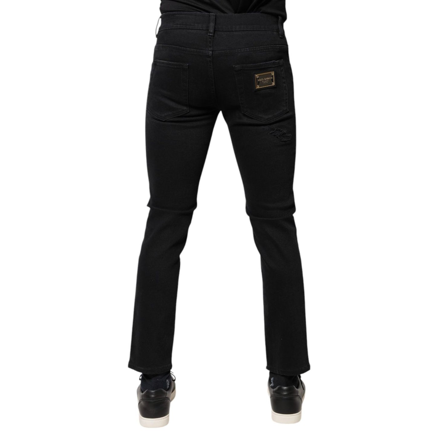 Dolce & Gabbana Black Cotton Tattered Skinny Denim Logo Jeans Dolce & Gabbana