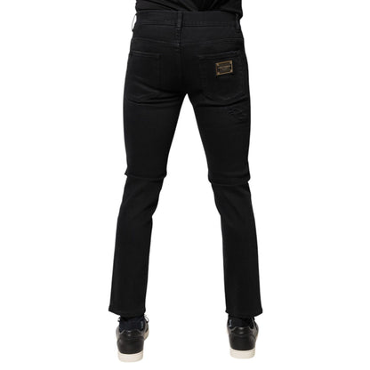 Dolce & Gabbana Black Cotton Tattered Skinny Denim Logo Jeans Dolce & Gabbana