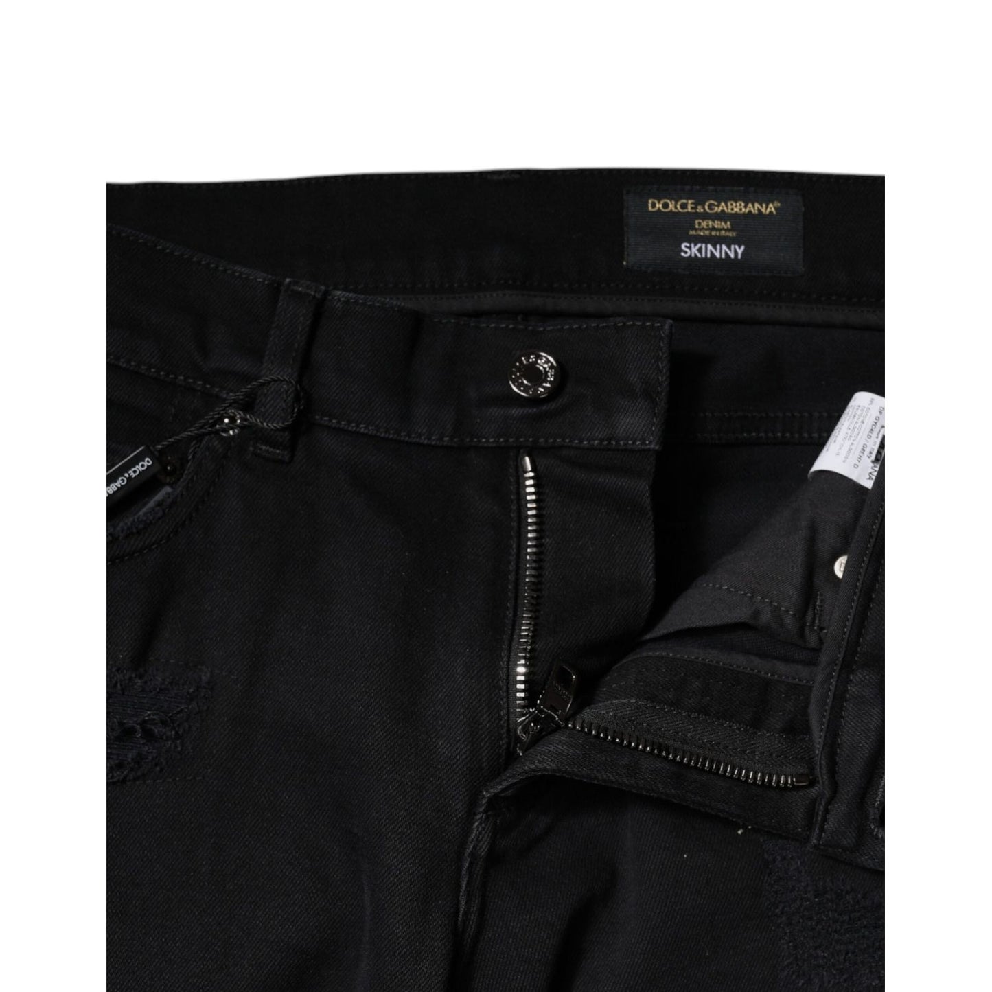 Dolce & Gabbana Black Cotton Tattered Skinny Denim Logo Jeans Dolce & Gabbana