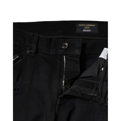 Dolce & Gabbana Black Cotton Tattered Skinny Denim Logo Jeans Dolce & Gabbana
