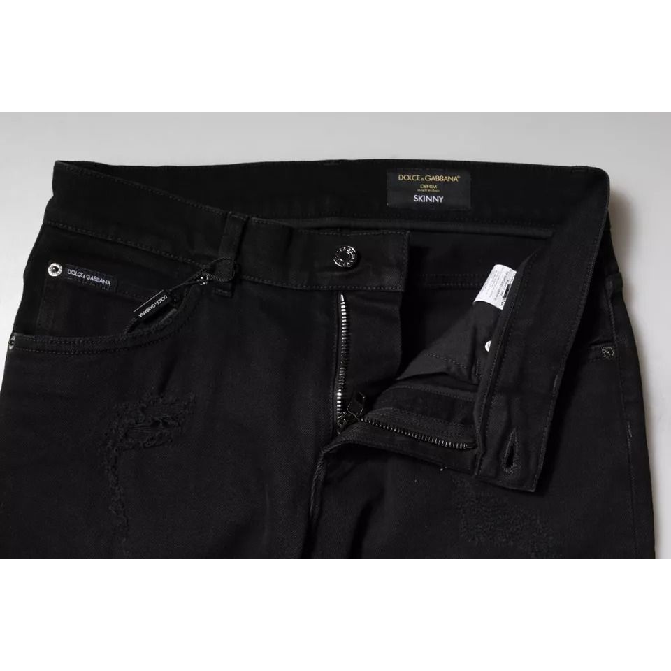 Dolce & Gabbana Black Cotton Tattered Skinny Denim Logo Jeans Dolce & Gabbana