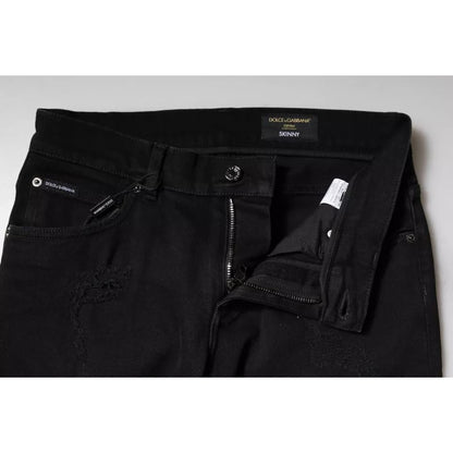 Dolce & Gabbana Black Cotton Tattered Skinny Denim Logo Jeans Dolce & Gabbana