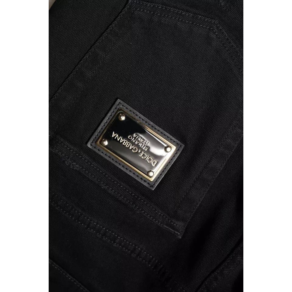 Dolce & Gabbana Black Cotton Tattered Skinny Denim Logo Jeans Dolce & Gabbana