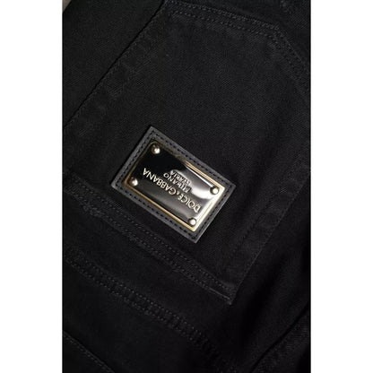Dolce & Gabbana Black Cotton Tattered Skinny Denim Logo Jeans Dolce & Gabbana