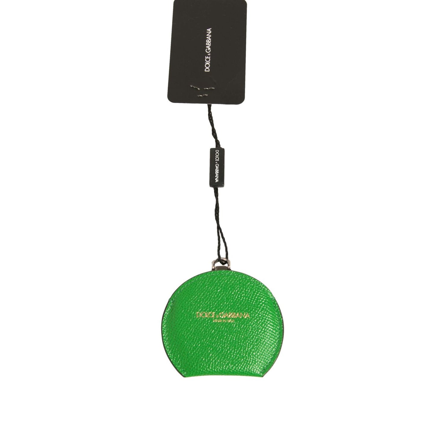 Dolce & Gabbana Green Calfskin Leather Round Logo Hand Mirror Holder