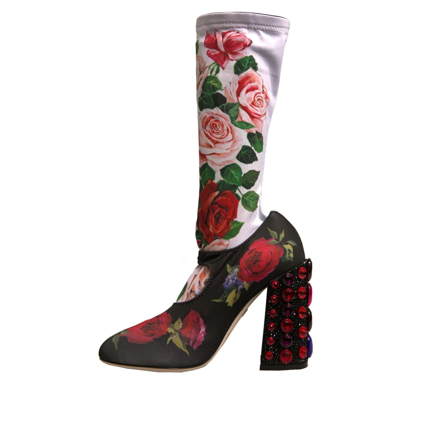 Dolce & Gabbana Black Floral Socks Crystal Boots Jersey Shoes