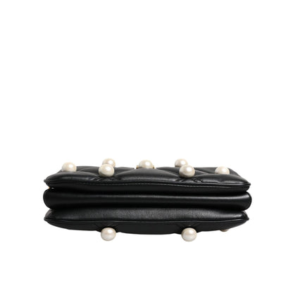 Dolce & Gabbana Black Leather Pearl Embellished Logo Shoulder Bag
