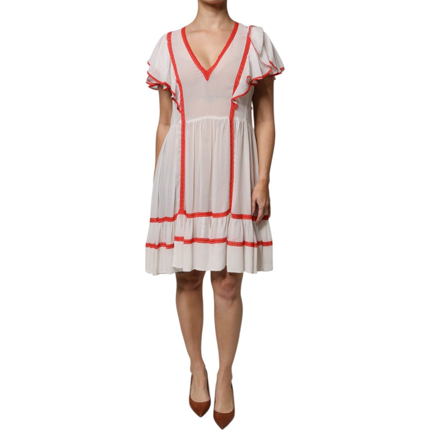 Twinset White Viscose Ruffle Sleeves A-line Pleated Mini Dress DR281346-46