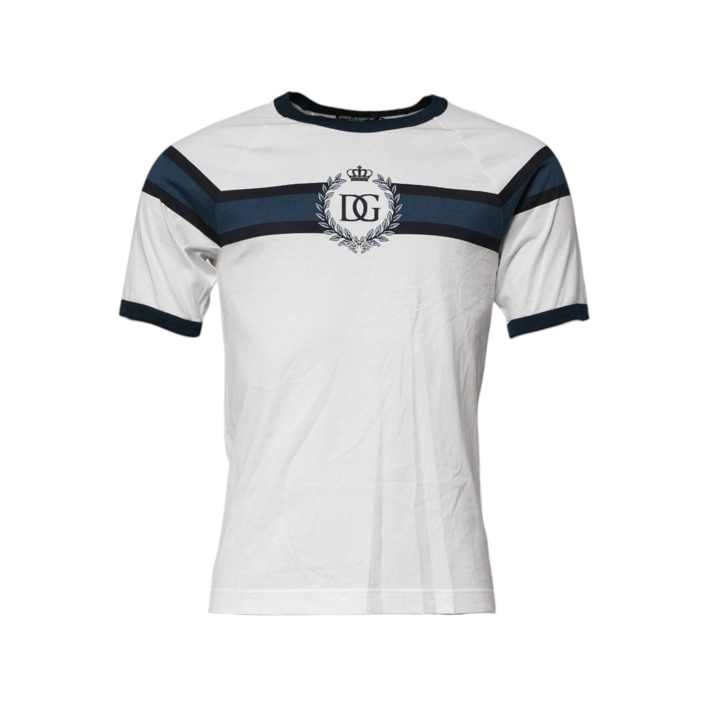 Dolce & Gabbana White Logo Print Cotton Men Crew Neck T-shirt with short sleeves and regular fit, 100% cotton, made in Italy.