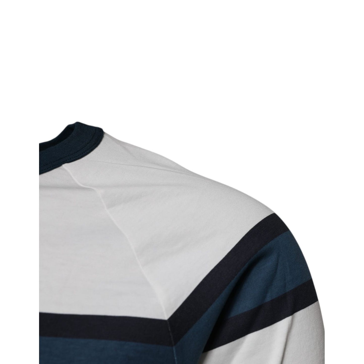 Dolce & Gabbana White Logo Print Cotton Men Crew Neck T-shirt, close-up view showing fabric and stripe detail.