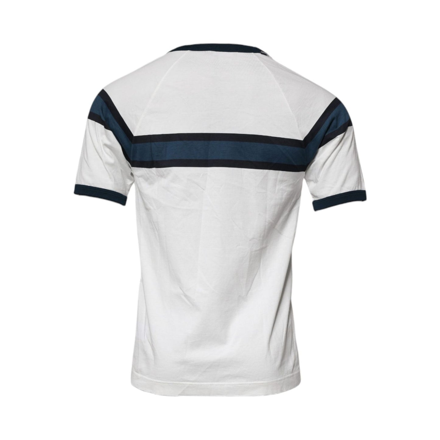 Back view of Dolce & Gabbana White Logo Print Cotton Men Crew Neck T-shirt showcasing stylish blue accents.