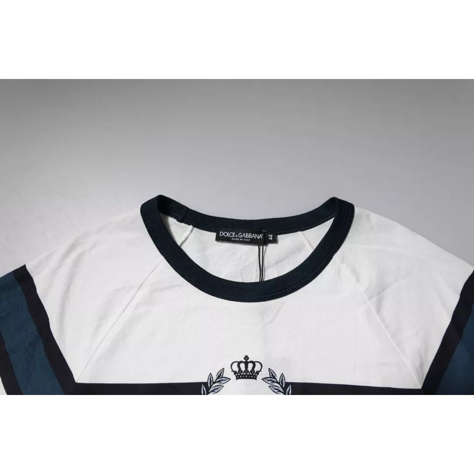 Dolce & Gabbana White Logo Print Cotton Men Crew Neck T-shirt with black trim, displayed flat showing logo detail and crew neckline.