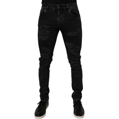 Dolce & Gabbana Black Tattered Cotton Skinny Men Denim Jeans Dolce & Gabbana