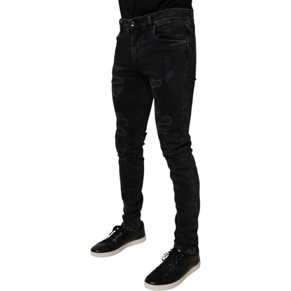Dolce & Gabbana Black Tattered Cotton Skinny Men Denim Jeans Dolce & Gabbana