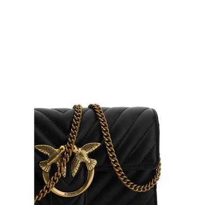 PINKO Black Calf Leather Bos Taurus Wallet with gold Love Birds logo and chain strap, quilted design, featuring card and coin compartments.