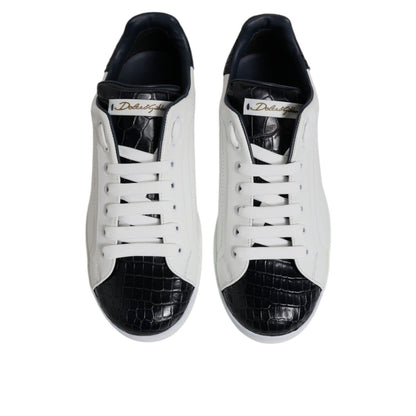 Dolce & Gabbana White Black Leather Portofino Sneaker Shoes