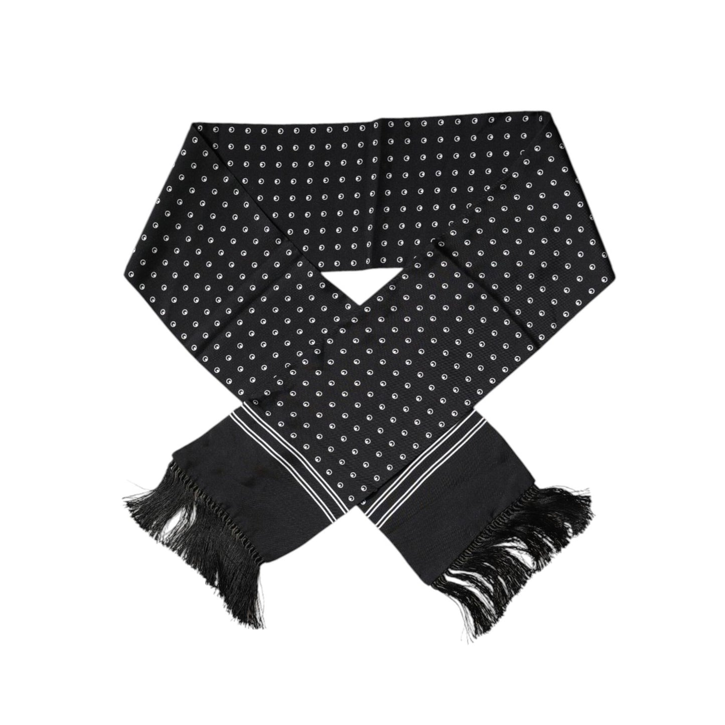 Dolce & Gabbana Black White Polka Dotted Silk Skinny Fringes Scarf