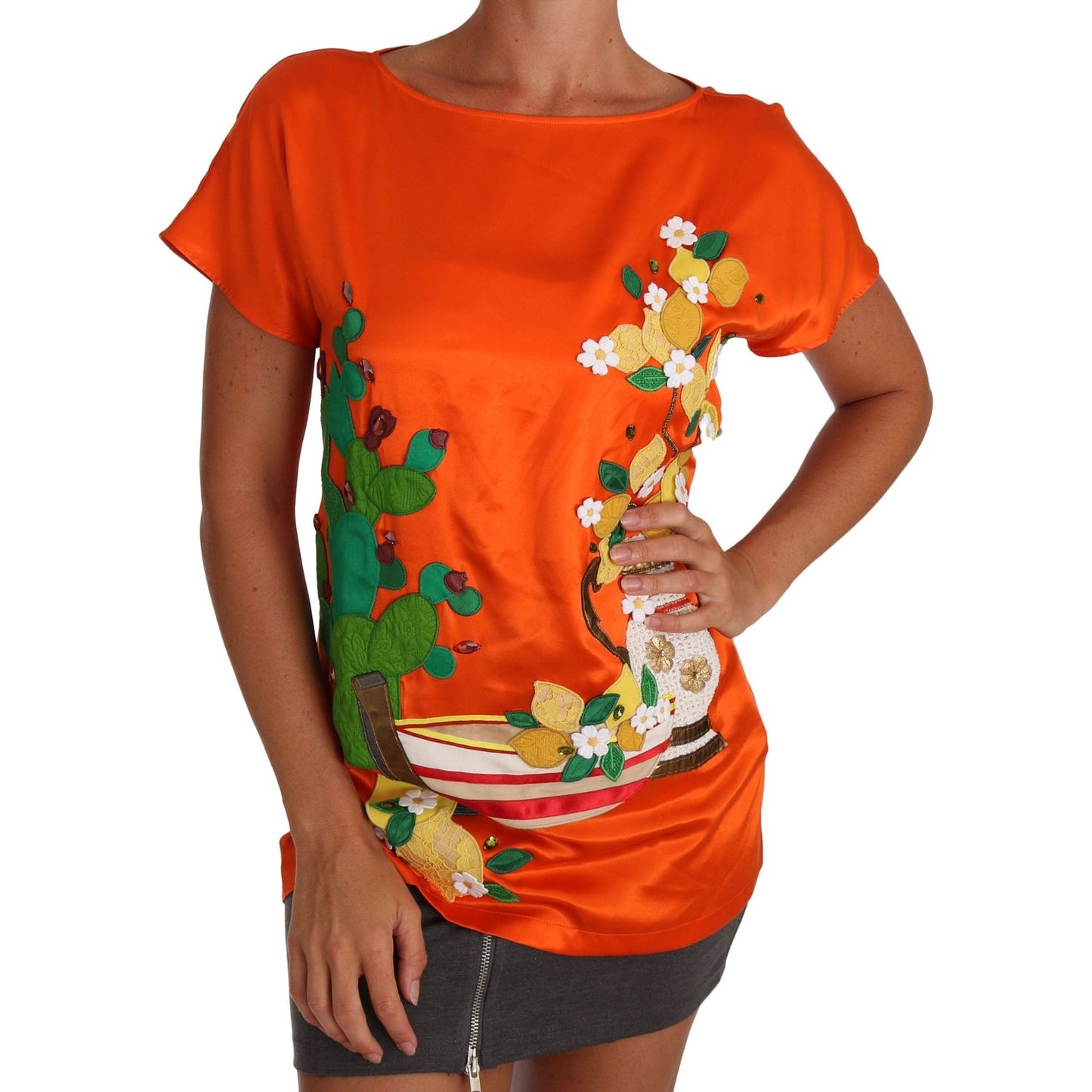 Dolce & Gabbana Silk Orange Lemon Crystal T-shirt Top TSH2381-36