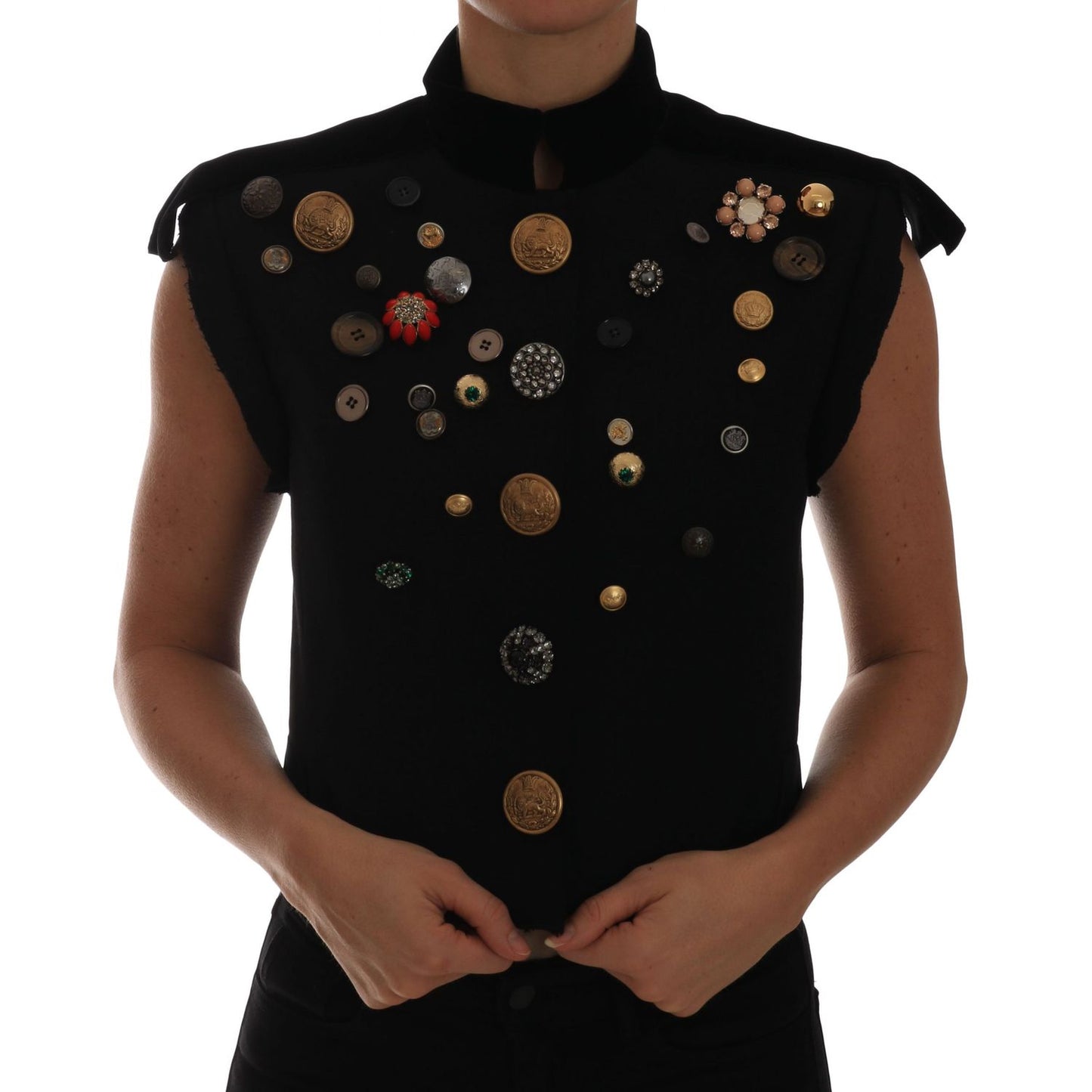 Dolce & Gabbana Black Embellished Floral Military Jacket Vest