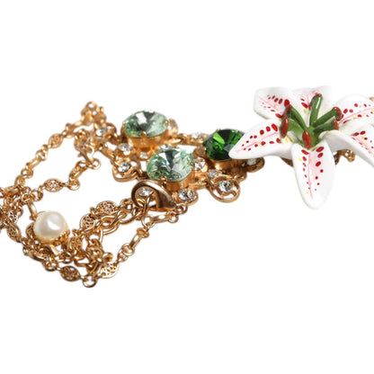 Dolce & Gabbana Gold Brass Lily Crystal Sacred Heart Pendant Necklace