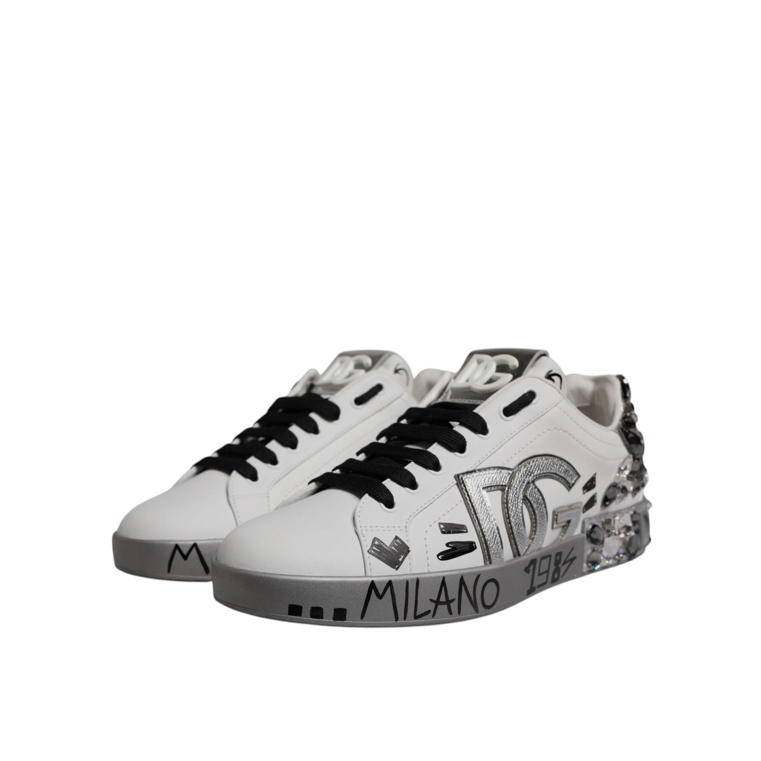 Dolce & Gabbana White Silver Crystal Logo Portofino Sneakers Shoes