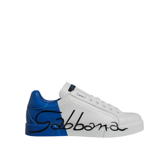 Dolce & Gabbana White Blue Leather Logo Low Top Sneakers Shoes