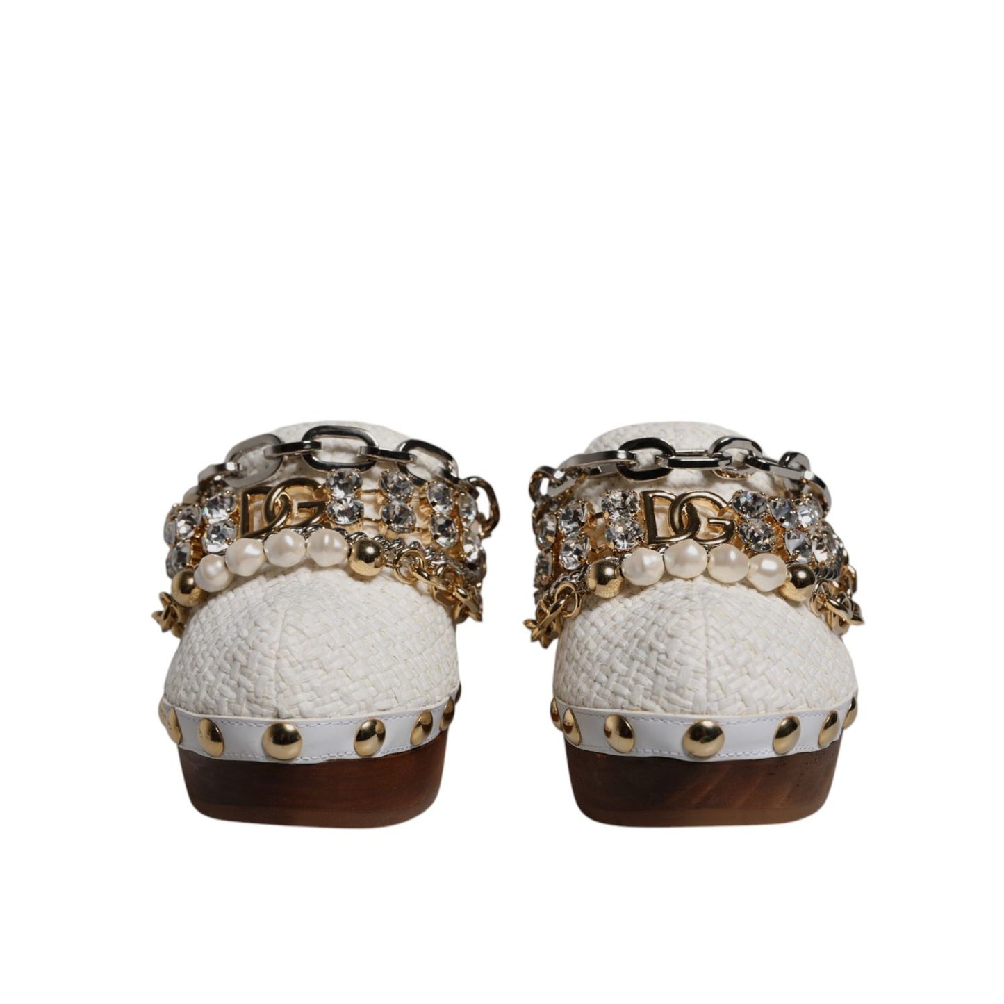 Dolce & Gabbana White Raffia Clogs Bejeweled Chain Sandals Shoes