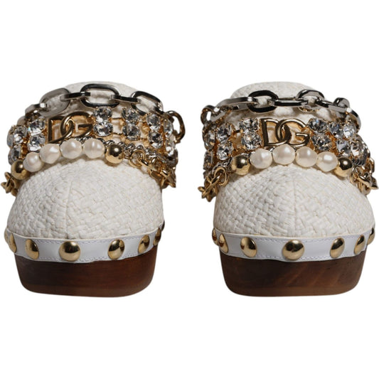 Dolce & Gabbana White Raffia Clogs Bejeweled Chain Sandals Shoes LA12502-35.5