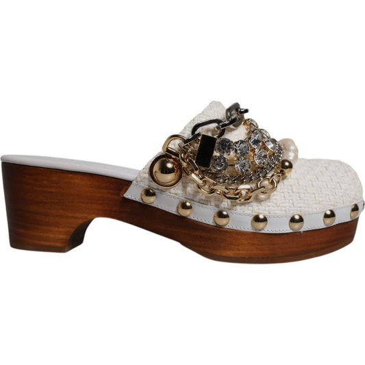 Dolce & Gabbana White Raffia Clogs Bejeweled Chain Sandals Shoes LA12502-35.5