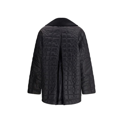 Ganni Gray Nylon Coat with quilted design and wide corduroy collar, featuring zipper and snap closure, back view.