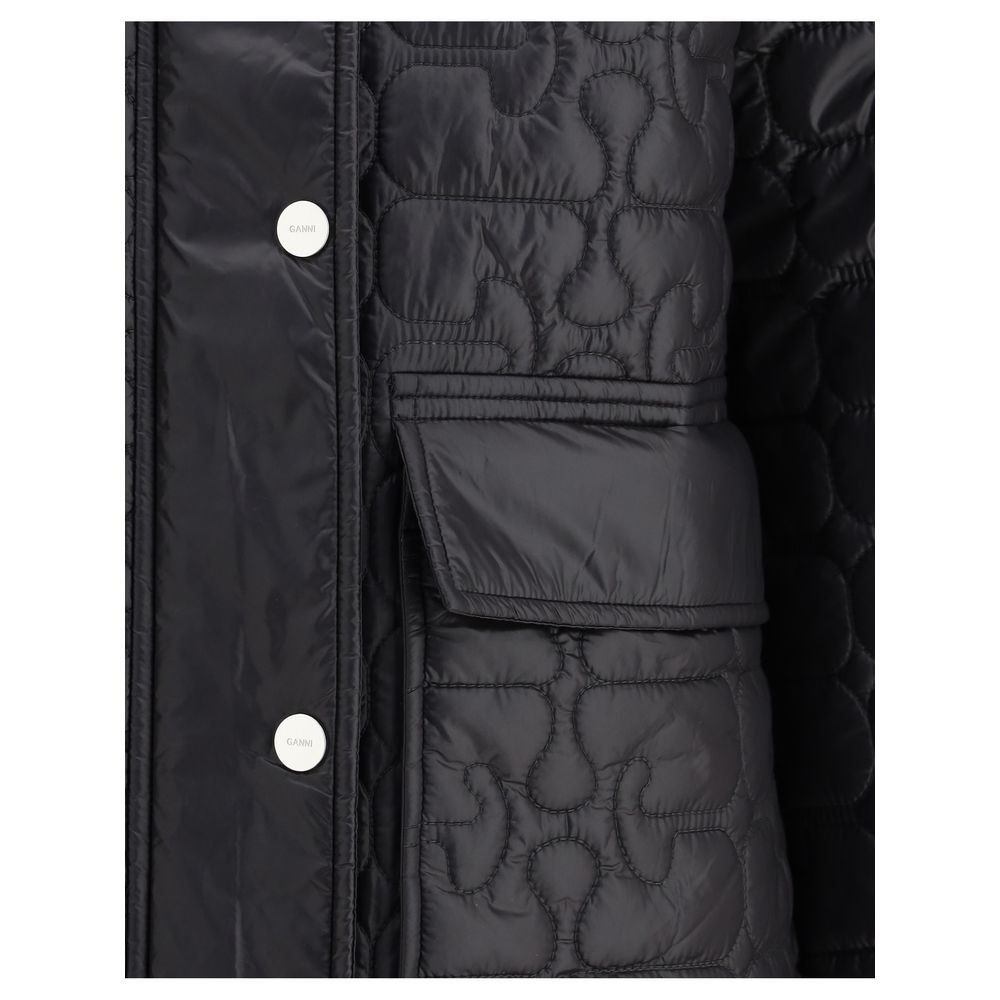 Close-up of Ganni Gray Nylon Coat showing quilted texture, patch pockets, and button detail, highlighting its stylish and functional design.