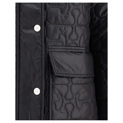 Close-up of Ganni Gray Nylon Coat showing quilted texture, patch pockets, and button detail, highlighting its stylish and functional design.