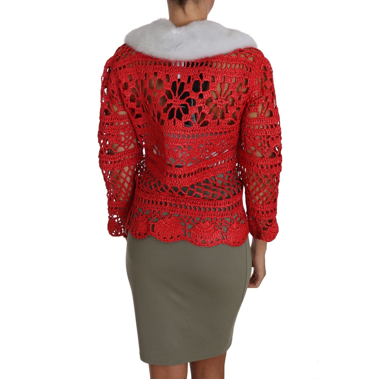 Dolce & Gabbana Red Cardigan Crochet Knit Raffia Sweater